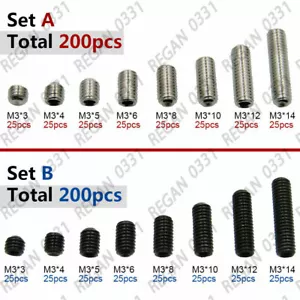 200tlg M3 Innensechskant Set Cup Point Schrauben Sortiment Edelstahl / Schwarzlegierung - Bild 1 von 1