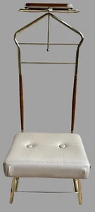MCM PEARL WICK NY Brass Wood Vinyl Tufted Dressing Chair Valet Butler Atomic Era - Picture 1 of 12