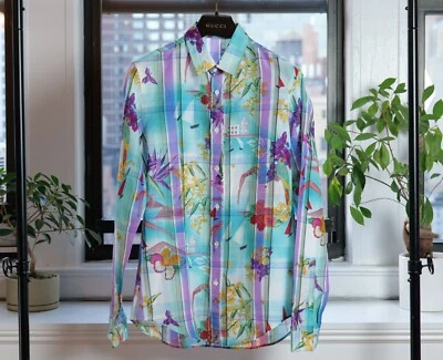 Gucci Vintage Blue/ Purple Floral Print Collared Casual Dress Shirt (Size 39, S) - Image 1 of 4
