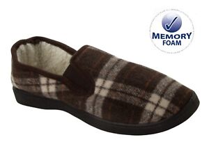 MENS BROWN TARTAN CHECK TWIN GUSSET MEMORY FOAM INSOLE GENTS SLIPPERS SIZE