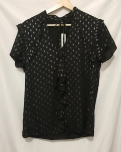 DREW Benson Silver Metallic Black Ruffle Top Women Small Sheer Pullover - Picture 1 of 12