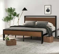 King Size Metal Platform Bed Frame with Wooden Headboard & Footboard, Walnut