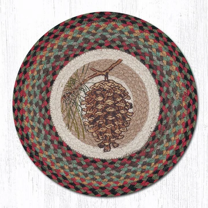 2 peças de juta trançada redonda estampada placemat/trivet/relógio. Tapetes de terra. PINECONE - Imagem 1 de 1