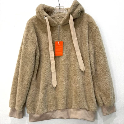 NUEVO CON ETIQUETAS Sin Marca Acogedora Difusa 1/4 Cremallera Sudadera con Capucha Beige Talla Mediana Foto 1 de 4