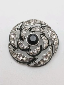 Vintage Windsor tiefschwarz Emaille klar Strass Blume Brosche 1,5" - Bild 1 von 5
