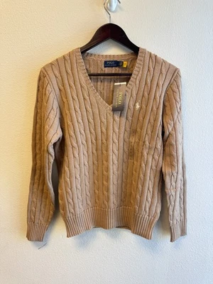 Para Mujer Marrón L-Algodón Cuello en V Polo Ralph Lauren Suéter Tejido con Cable Foto 1 de 4