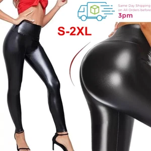 Women Stretchy Faux Leather Leggings Casual PU Pants High Waist Curvy Trousers - Picture 1 of 17