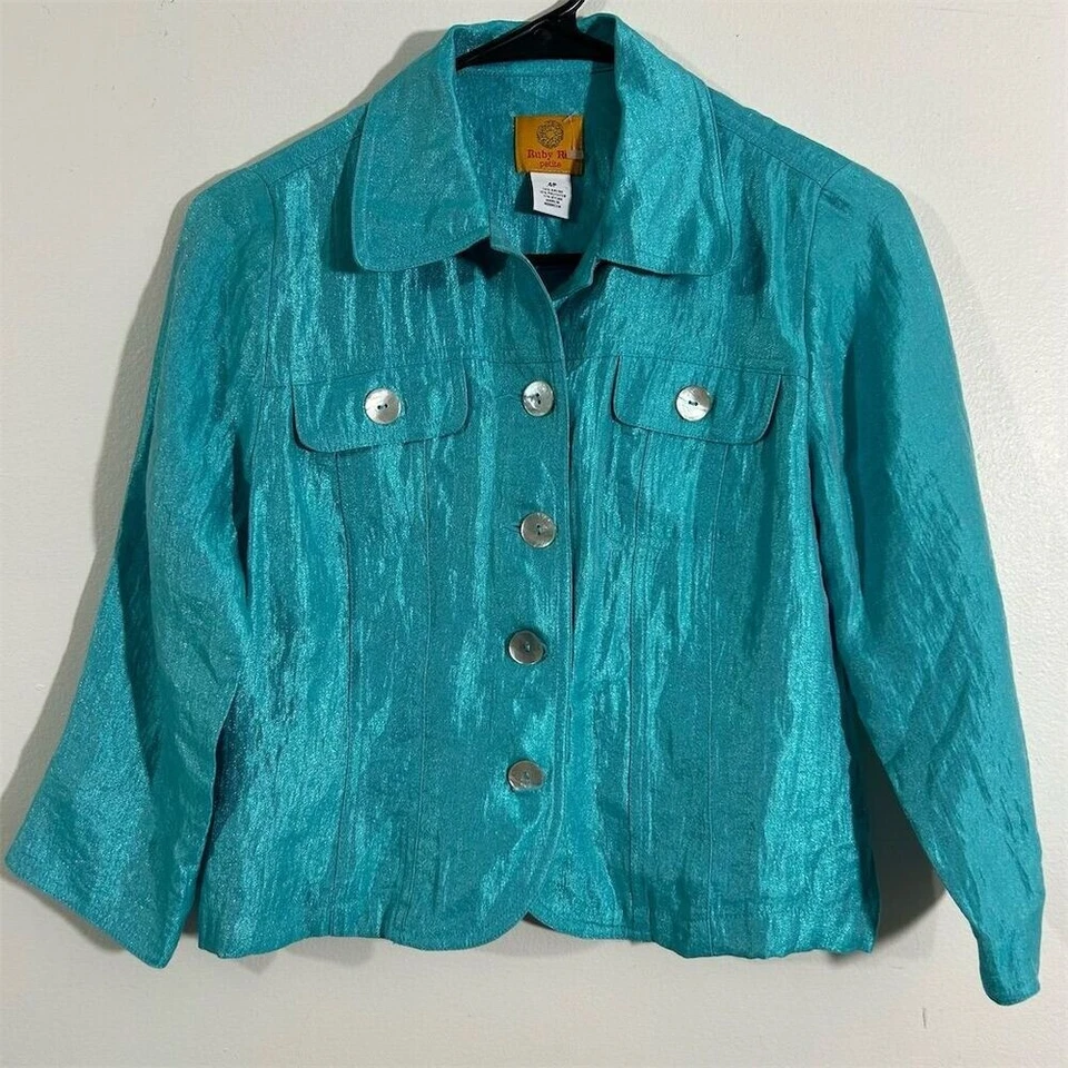 Ruby Rd. Chaqueta para mujer Petite verde azulado brillante talla 4P manga 3/4 azul Foto 1 de 4