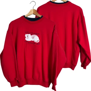 Vtg Deadstock Cat Lover Applique Mock Neck Sweatshirt Pullover Womens Medium Red - Picture 1 of 11