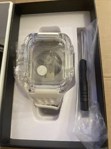 Mod Kit Clear PC Case Apple Watch 44mm-45mm Rubber Butterfly Buckle Band White - Picture 1 of 6