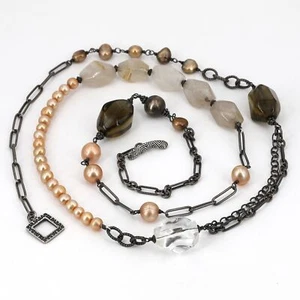 Retired Silpada Freshwater Pearl Rutilated Quartz Sterling Chain Necklace N1421 - Picture 1 of 4