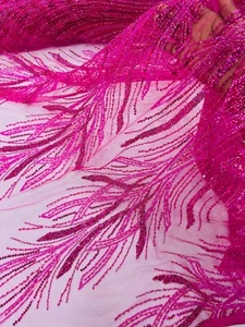 Hot Pink Embroidery Beaded Fabric By Yard, Sequin on a Mesh with Floral Lace - Picture 1 of 4