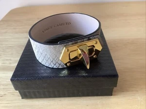 Vince Camuto Bracelet Leather Cuff Grey Metallic Snake Print Gold Tone Lock - Picture 1 of 19