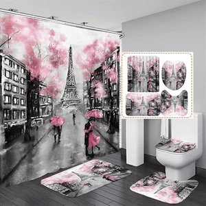 Chrainy 4Pcs Paris Eiffel Tower Pink Shower Curtain Sets Bathroom Set Decor with - Picture 1 of 7