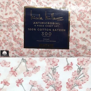 4pc Nicole Miller Pink Floral Cherry Blossom KING Sheet Set Cotton Sateen - Picture 1 of 9