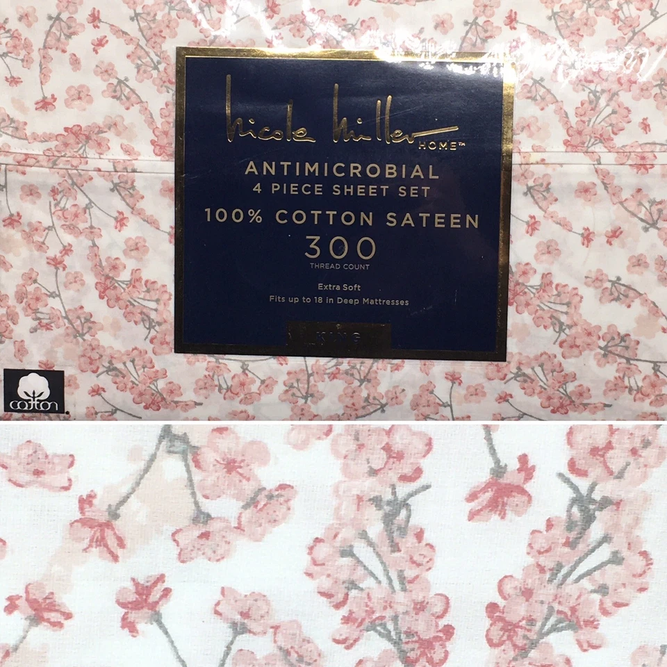 4pc Nicole Miller Pink Floral Cherry Blossom KING Sheet Set Cotton Sateen NEW - Image 1 of 4