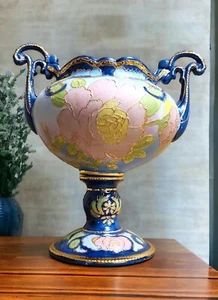 Urna composta vaso vintage 10,25" stile Limoges manico oro moriage peonie rosa - Foto 1 di 24