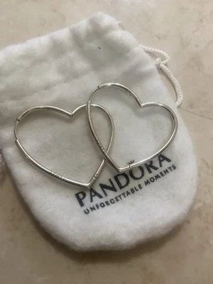 PANDORA STERLING SILVER ASYMMETRICAL HEART HOOP EARRINGS SIGNED "LOVED" - Image 1 of 2