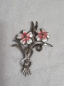 Vintage Brosche großer Emaille Blumenstrauß 30er-40er Jahre Sterling mit Markasiten BB - Bild 1 von 11