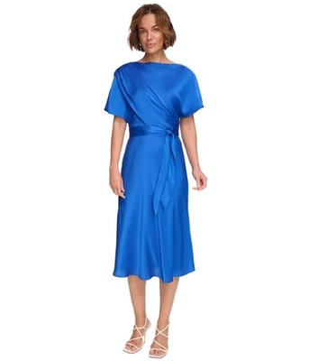 Vestido midi DKNY para mujer con cuello de capucha Dolman con cinturón, azul, 8 Foto 1 de 4