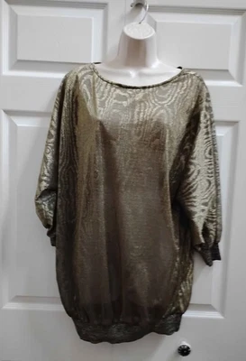 Women's Large Disco Tunic Top Vintage Metallic Green Gold Gathered Waist 80's - Image 1 of 4