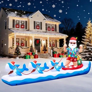 12Ft Christmas Inflatable Surfing Float Santa Shark Beach Blue Sleigh Hat Outdoo - Picture 1 of 8
