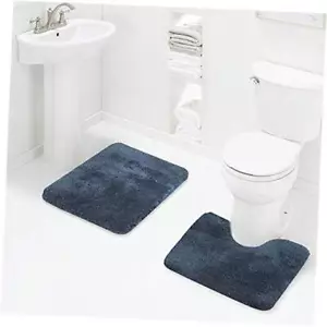 Bath Rug Set () - 2 Piece Shaggy U 20" x 32" + 20" x 24" Contour Rug Navy - Picture 1 of 7