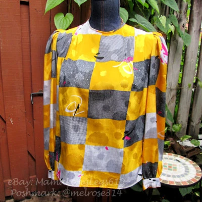 Vintage 1980s Loud Pattern Puff Shoulder Blouse Eva Laurel Paris NY 10 Abstract - Image 1 of 4