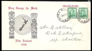 NEW ZEALAND 1938 KGVI 1/2d GREEN BLACK/RED CACHET FDC (JF) UPPER MOUTERE - Picture 1 of 1
