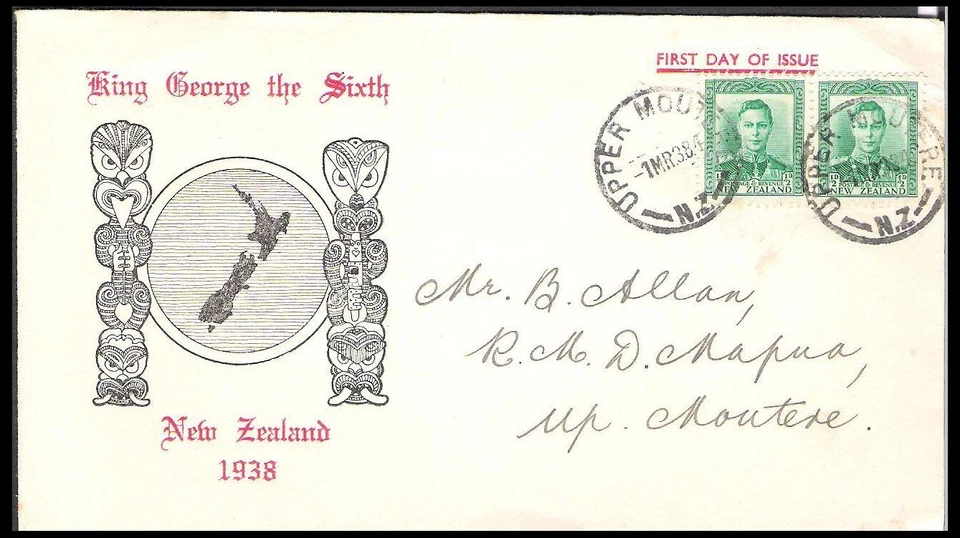 NEW ZEALAND 1938 KGVI 1/2d GREEN BLACK/RED CACHET FDC (JF) UPPER MOUTERE - Image 1 of 1
