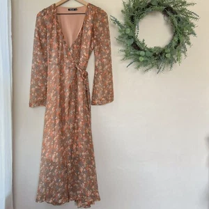 Nasty Gal Women's Sheer Floral Long Sleeve Midi Wrap Dress Brown Pink Size 2 - Picture 1 of 13