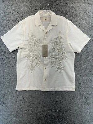 Folk Clothing Shirt Mens M Ivory Short Sleeve Button Linen Blend Hawaiian Floral - Image 1 of 4