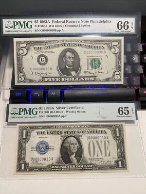 1928A&1963A $1&5《Funny Back Binary Match Number 00000030》65&66EPQ UNC Super Rare - Image 1 of 4