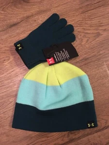 NWT~Boys Youth Size 8-20 Under Armour Beanie Hat & Glove Set~Teal, Green Yellow - Picture 1 of 3