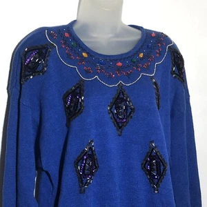 Vintage 80er Pullover Damen mittelblau verziert Perlen Pailletten Pulli Baumwolle - Bild 1 von 11