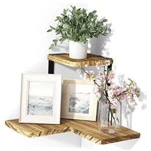 Rustic Corner Shelf, 2-Tier Wood Wall Shelf, Wall Mounted Carbonized Black - Picture 1 of 7