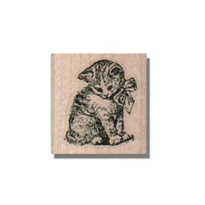 Wood Mounted Rubber Stamp, Kitten With Bow, Cat, Animal Stamp, Sweet, Kitty, Pet - Picture 1 of 2