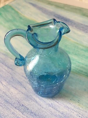 Jarrón de vidrio azul jarra decoración de habitación pequeña cocina coleccionable arte en vidrio craquelado Foto 1 de 4