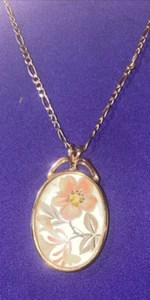 Boho Floral Necklace Pendant Reverse Painted Gold Tone - VINTAGE - Bild 1 von 24