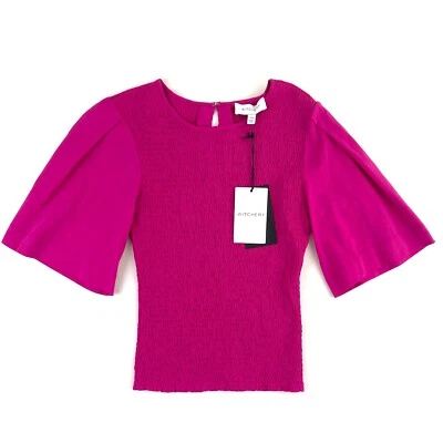 Witchery Cotton Shirred Top Womens XXS Berry Bell Sleeve Crew Neck Fitted New - image 1 of 4