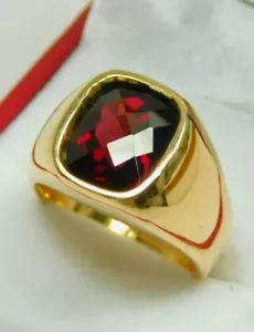 Cushion Simulated Red Garnet Solitaire Men's Wedding Ring 14K Yellow Gold Plated - Picture 1 of 4
