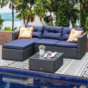 3 Piece Outdoor Sectional Sofa Wicker Patio Furniture Sofa Set Navy Blule - Picture 1 of 6