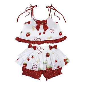 Strawberry Ruffle Two-Piece Loungewear Set Built-in Short Cute Summer Loungewear - Picture 1 of 8