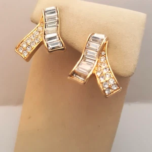 Vintage Swarovski Kristall Ohrringe Baguette und Pave Bänder goldfarben Clip-On - Bild 1 von 6