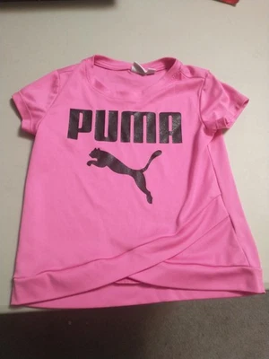 Puma T-shirt Girls size XS 5/6 Pink with glitter graphic cat and logo used - Image 1 of 4