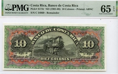BILLETE LOCOMOTORA COSTA RICA 10 COLONES (1901-08) GEMA CU-65 EPQ PMG BONITO P-S174r  Foto 1 de 2