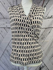 Tahari Black Beige Wrap Style Sleeveless Blouse Tank Top Deep V-neck SZ Med - Picture 1 of 11