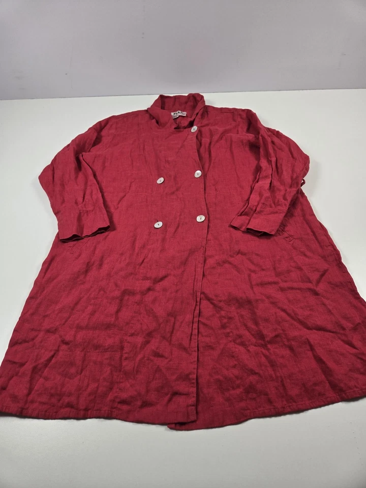 Flax Coat Womens Large Red Linen Long Button Front Duster Jacket - Image 1 of 4