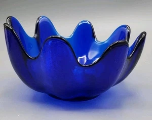 Vintage Blenko Cobalt Blue Art Glass Lotus Bowl 8 Fingers MCM - Picture 1 of 9