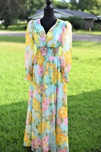 Vintage 70s Floral Maxi Dress Small Prairie Hippie Boho Peasant Cottage - Picture 1 of 11